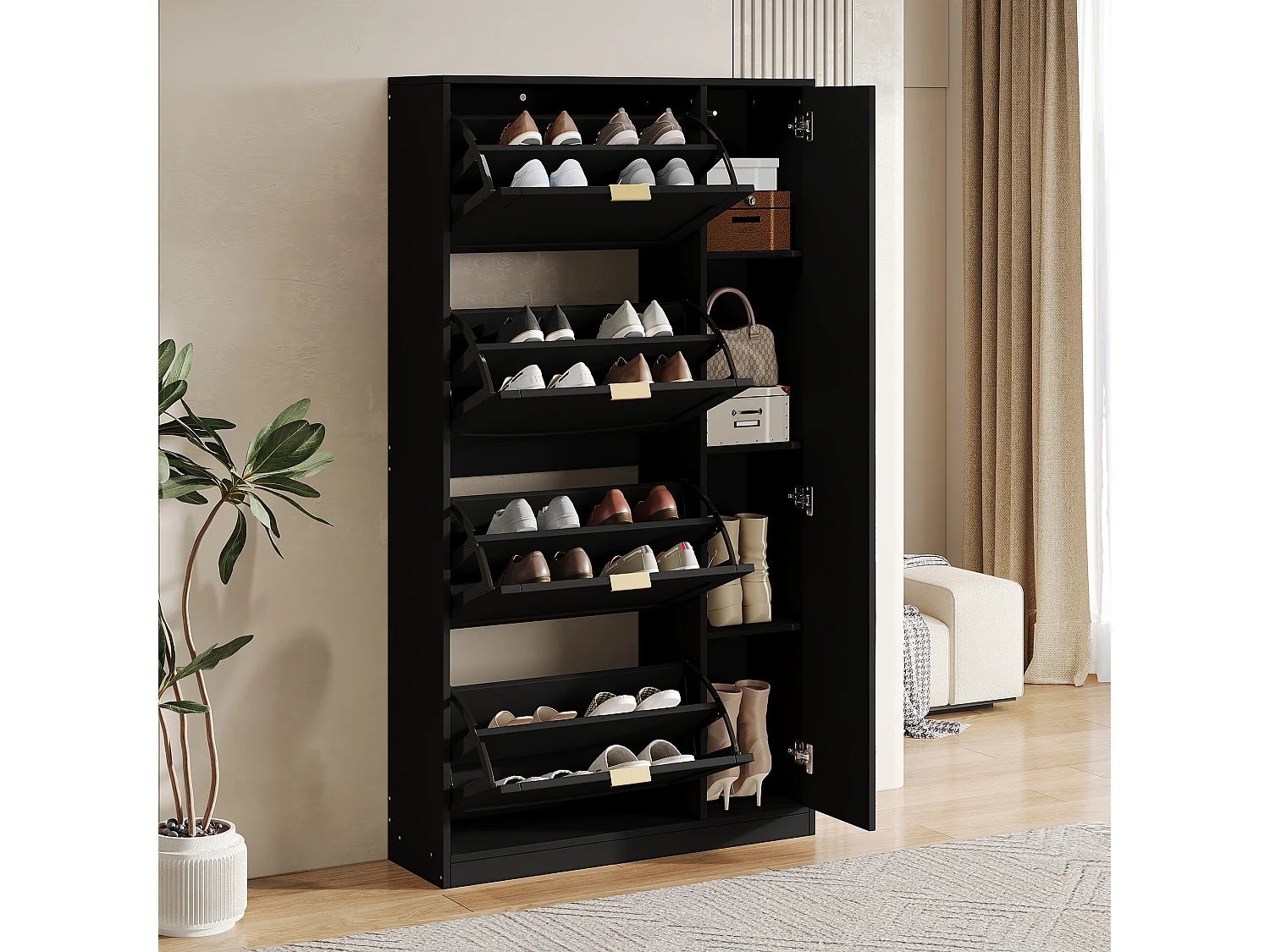 Moderner Schuhschrank - mit Spiegel + 4 Klappfächern - Schwarz