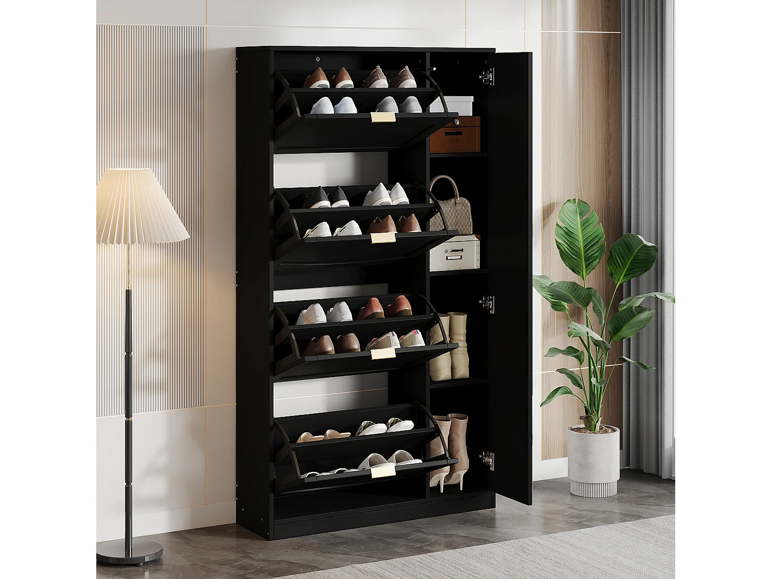 Moderner Schuhschrank - mit Spiegel + 4 Klappfächern - Schwarz