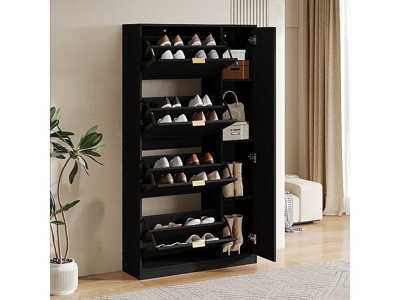 Moderner Schuhschrank - mit Spiegel + 4 Klappfächern - Schwarz