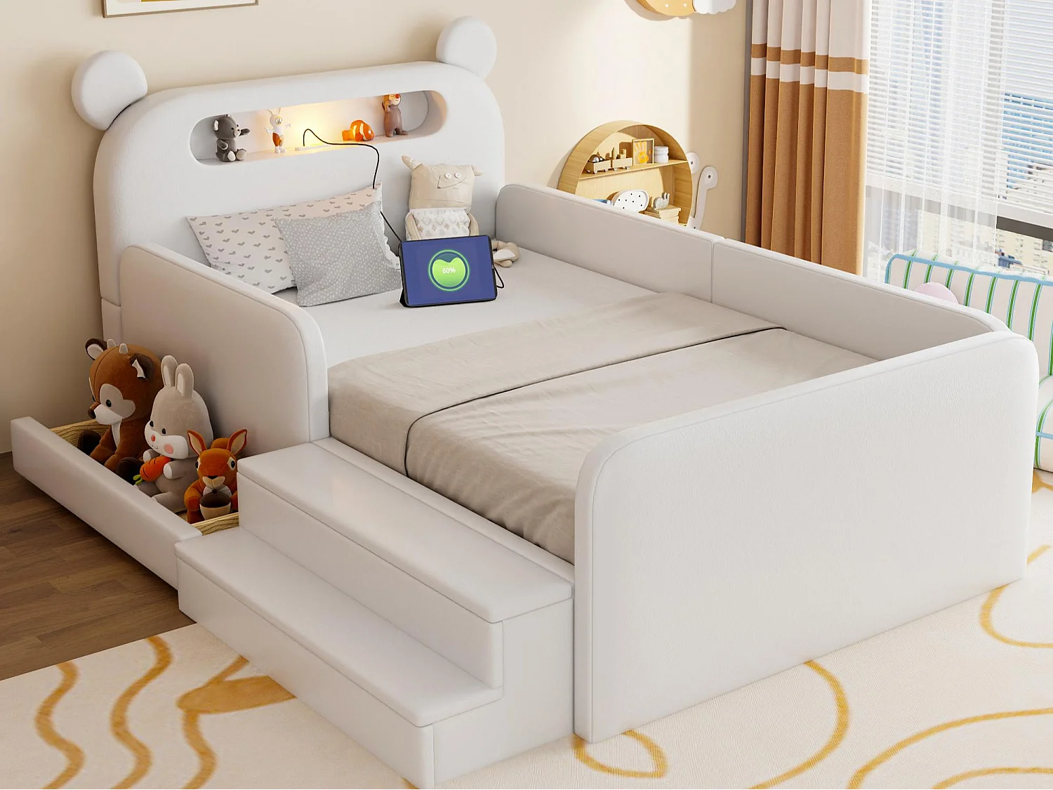 Gepolstertes Kinderbett 90x200 cm - mit Bären-Kopfteil - mit Licht - mit USB-Ladeanschluss - weiß​ (Matratze nicht inbegriffen)