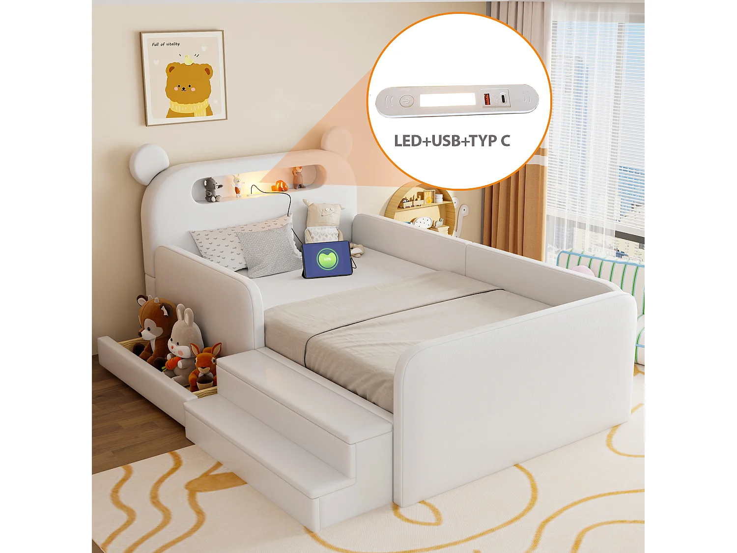 Gepolstertes Kinderbett 90x200 cm - mit Bären-Kopfteil - mit Licht - mit USB-Ladeanschluss - weiß​ (Matratze nicht inbegriffen)