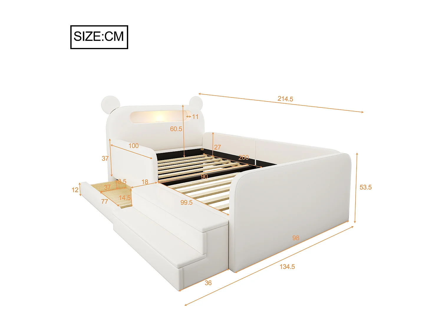 Gepolstertes Kinderbett 90x200 cm - mit Bären-Kopfteil - mit Licht - mit USB-Ladeanschluss - weiß​ (Matratze nicht inbegriffen)