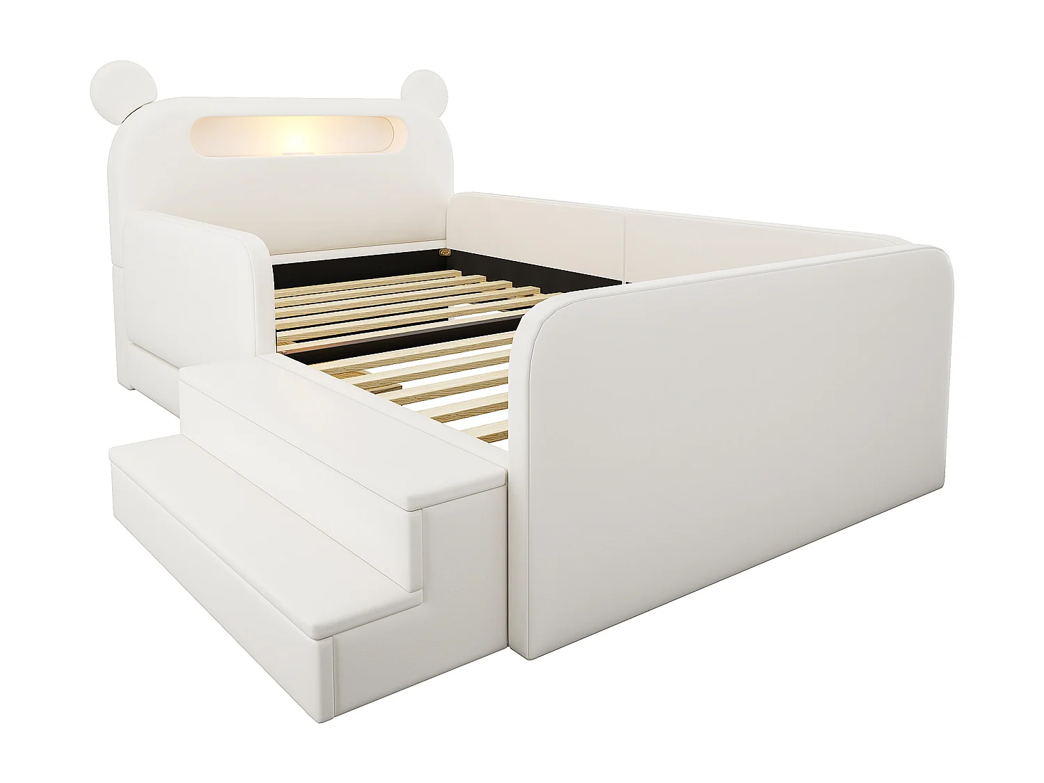 Gepolstertes Kinderbett 90x200 cm - mit Bären-Kopfteil - mit Licht - mit USB-Ladeanschluss - weiß​ (Matratze nicht inbegriffen)