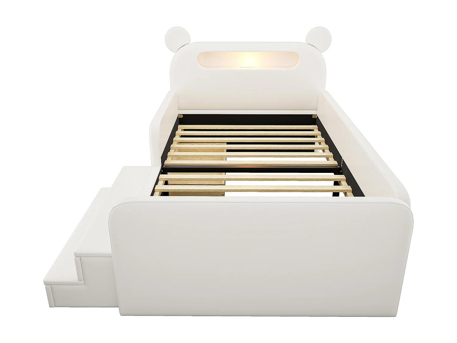 Gepolstertes Kinderbett 90x200 cm - mit Bären-Kopfteil - mit Licht - mit USB-Ladeanschluss - weiß​ (Matratze nicht inbegriffen)