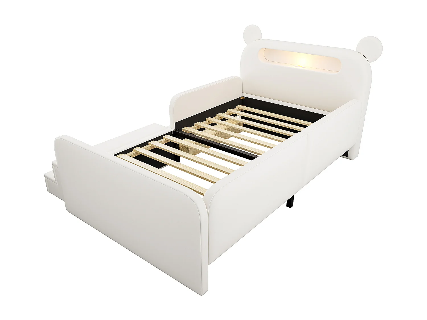 Gepolstertes Kinderbett 90x200 cm - mit Bären-Kopfteil - mit Licht - mit USB-Ladeanschluss - weiß​ (Matratze nicht inbegriffen)