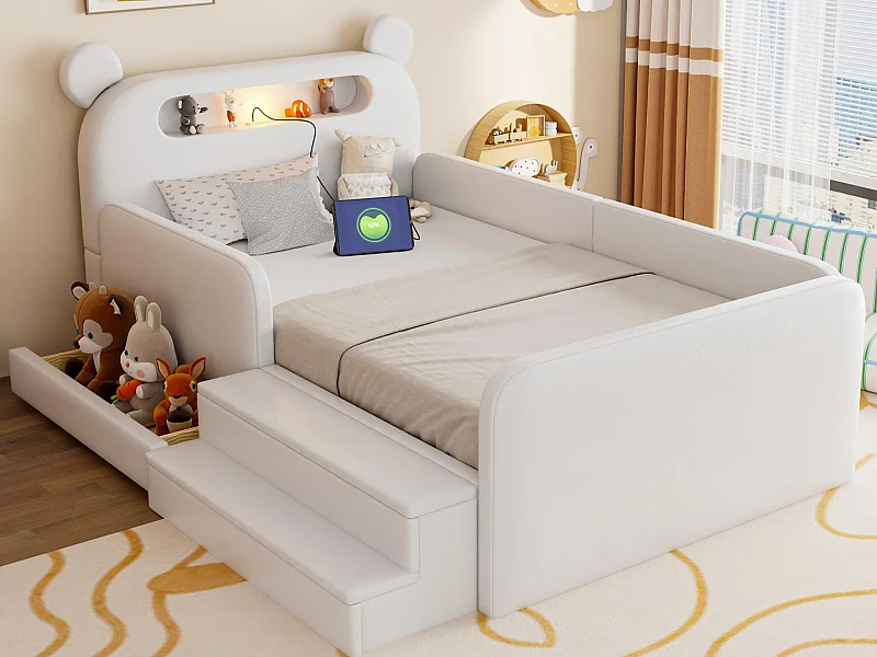 Gepolstertes Kinderbett 90x200 cm - mit Bären-Kopfteil - mit Licht - mit USB-Ladeanschluss - weiß​ (Matratze nicht inbegriffen)