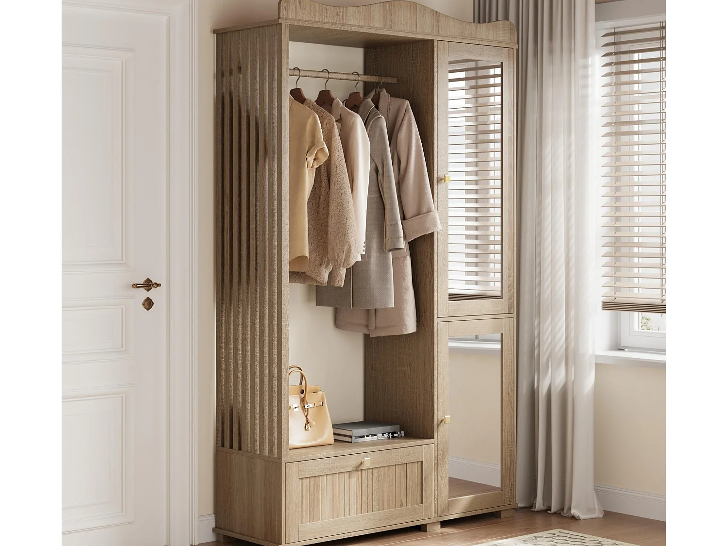 Garderobeset - 115,5x38,5x194,5 cm - met spiegel en open droogrek - 1 lade en 2 deuren - MDF - Eiken kleur