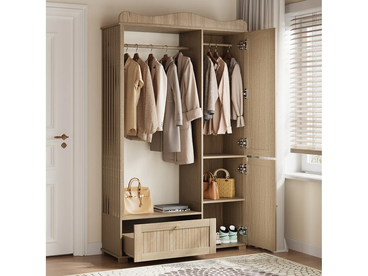 Garderobeset - 115,5x38,5x194,5 cm - met spiegel en open droogrek - 1 lade en 2 deuren - MDF - Eiken kleur