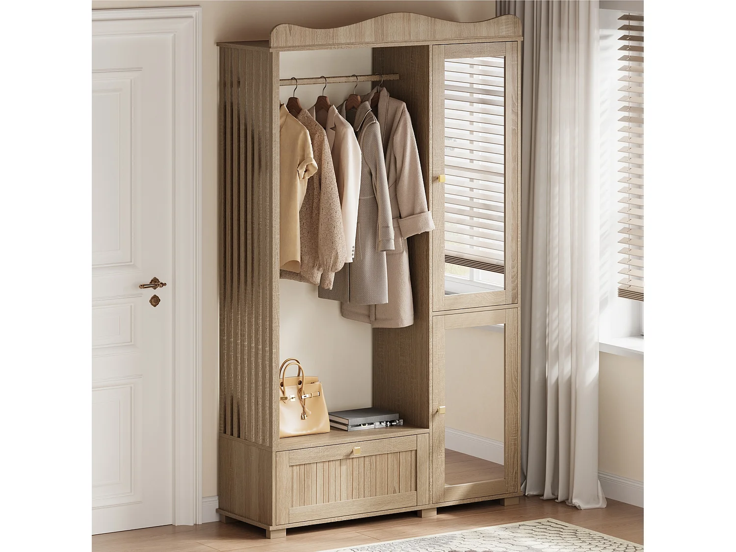 Garderobeset - 115,5x38,5x194,5 cm - met spiegel en open droogrek - 1 lade en 2 deuren - MDF - Eiken kleur