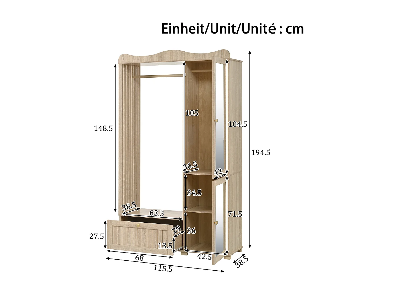 Garderobeset - 115,5x38,5x194,5 cm - met spiegel en open droogrek - 1 lade en 2 deuren - MDF - Eiken kleur