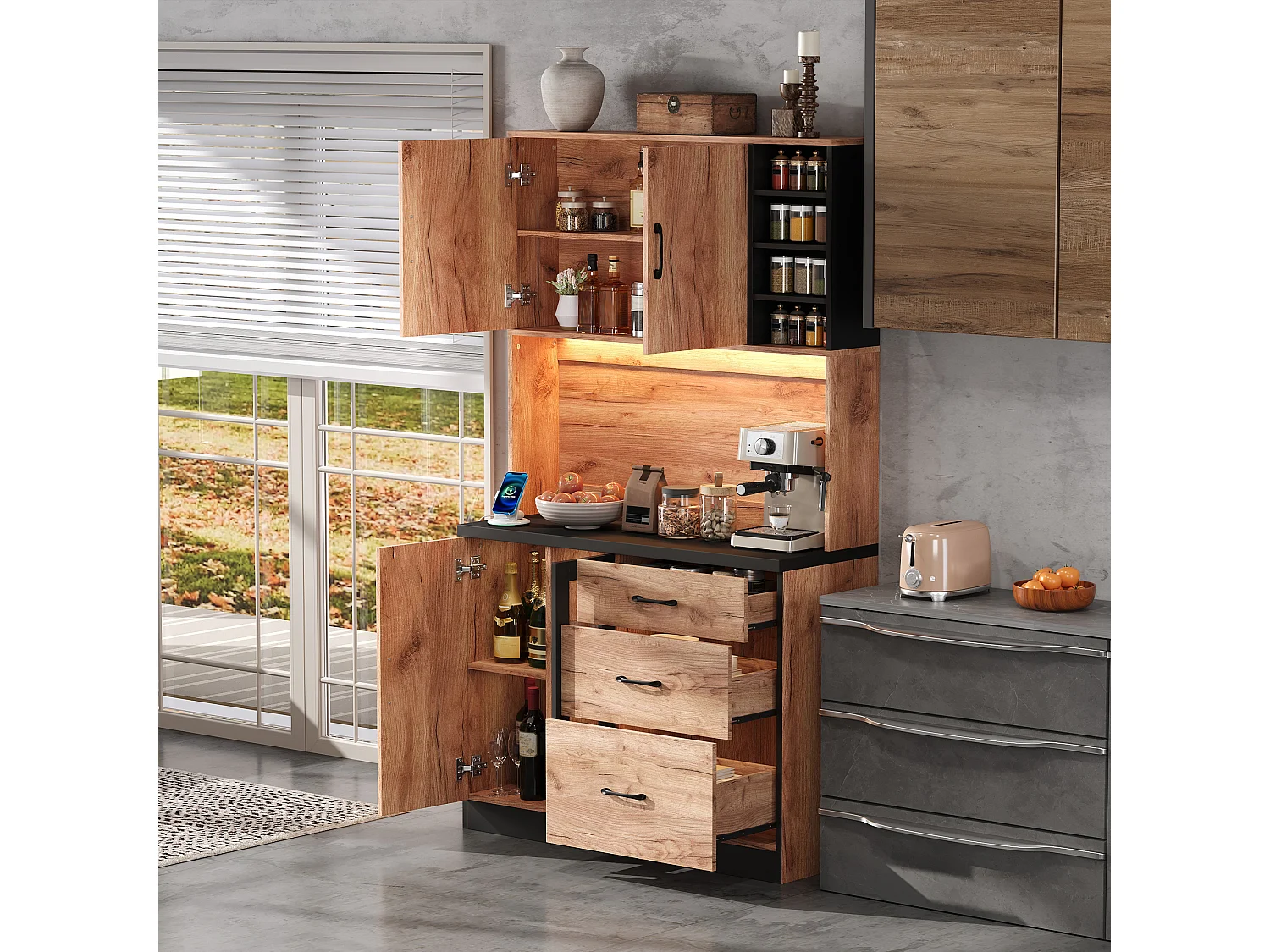 Nowoczesny kredens kuchenny 105x40x180cm - z gniazdkiem i LED - z 3 szufladami i 3 drzwiami - wygląd słojów drewna - Naturalny + Czarny