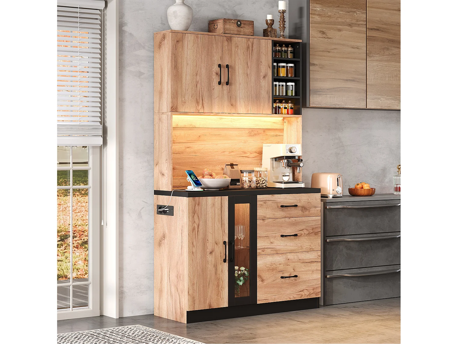 Nowoczesny kredens kuchenny 105x40x180cm - z gniazdkiem i LED - z 3 szufladami i 3 drzwiami - wygląd słojów drewna - Naturalny + Czarny