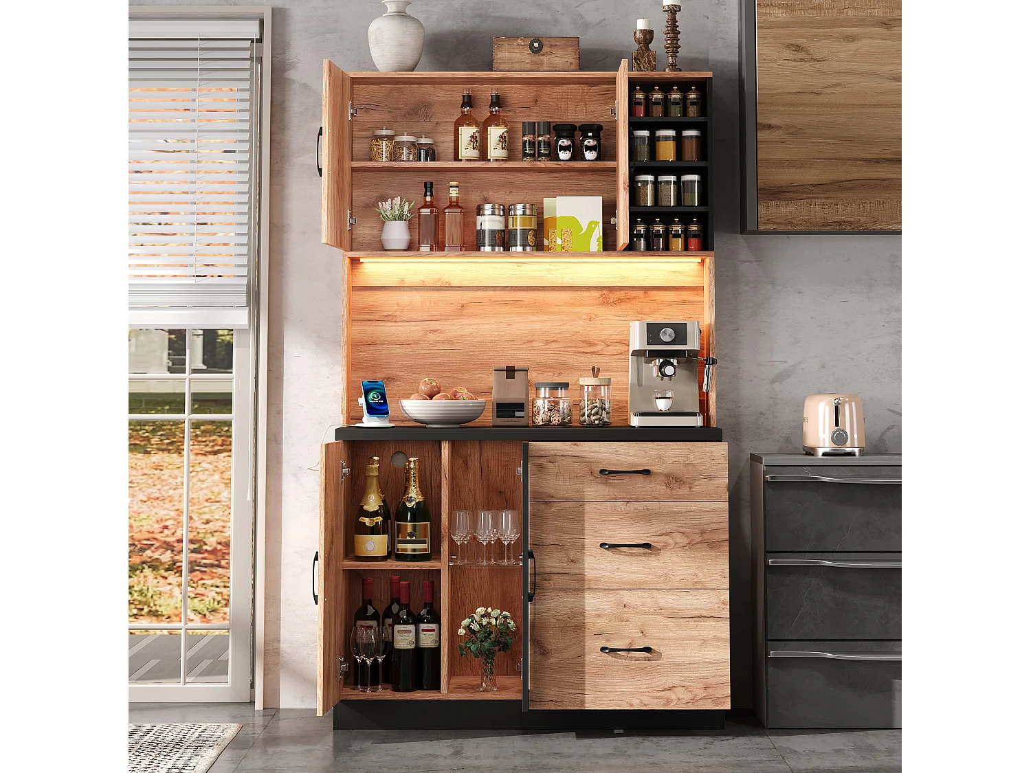 Nowoczesny kredens kuchenny 105x40x180cm - z gniazdkiem i LED - z 3 szufladami i 3 drzwiami - wygląd słojów drewna - Naturalny + Czarny