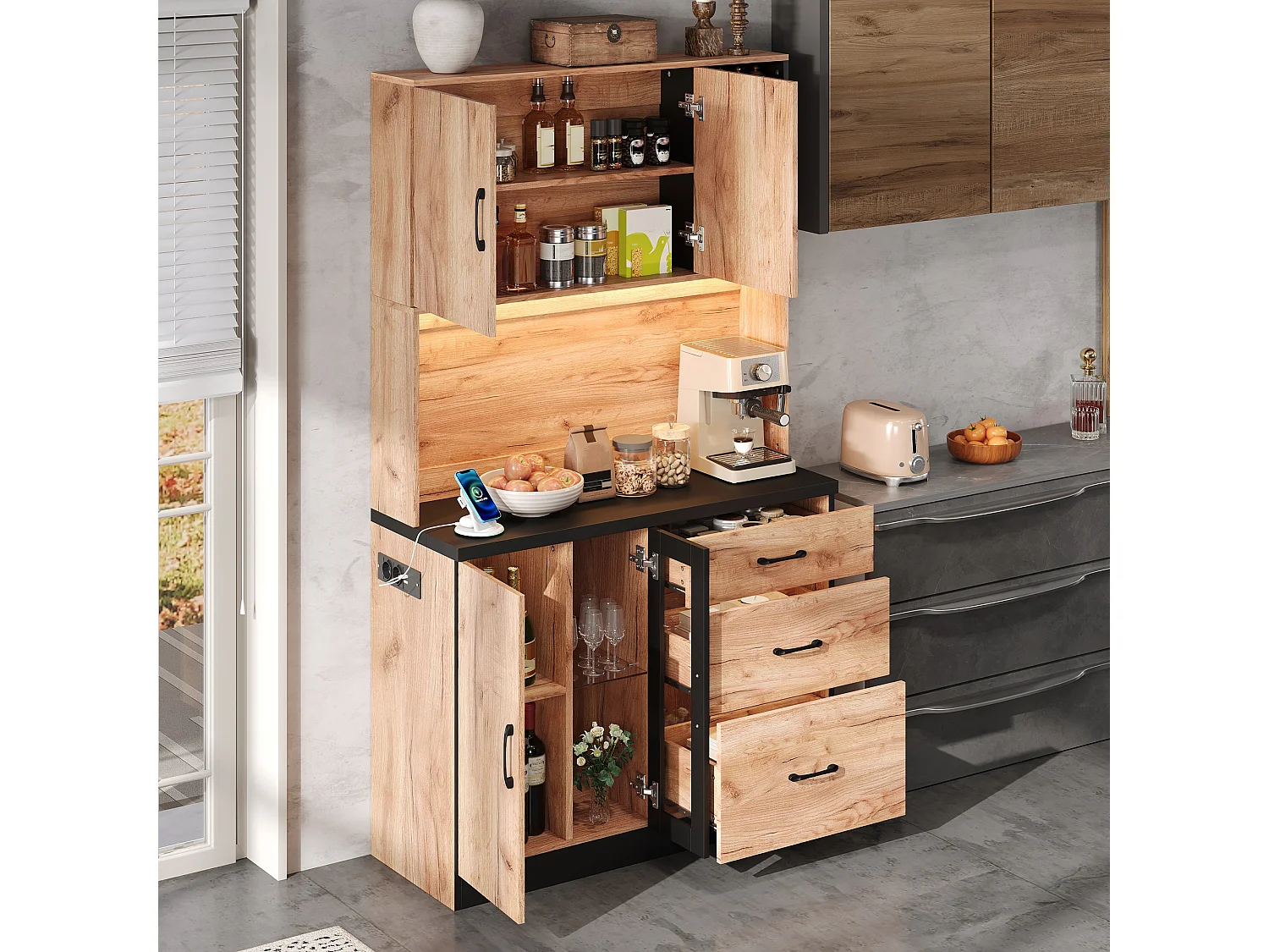 Nowoczesny kredens kuchenny 105x40x180cm - z gniazdkiem i LED - z 3 szufladami i 3 drzwiami - wygląd słojów drewna - Naturalny + Czarny