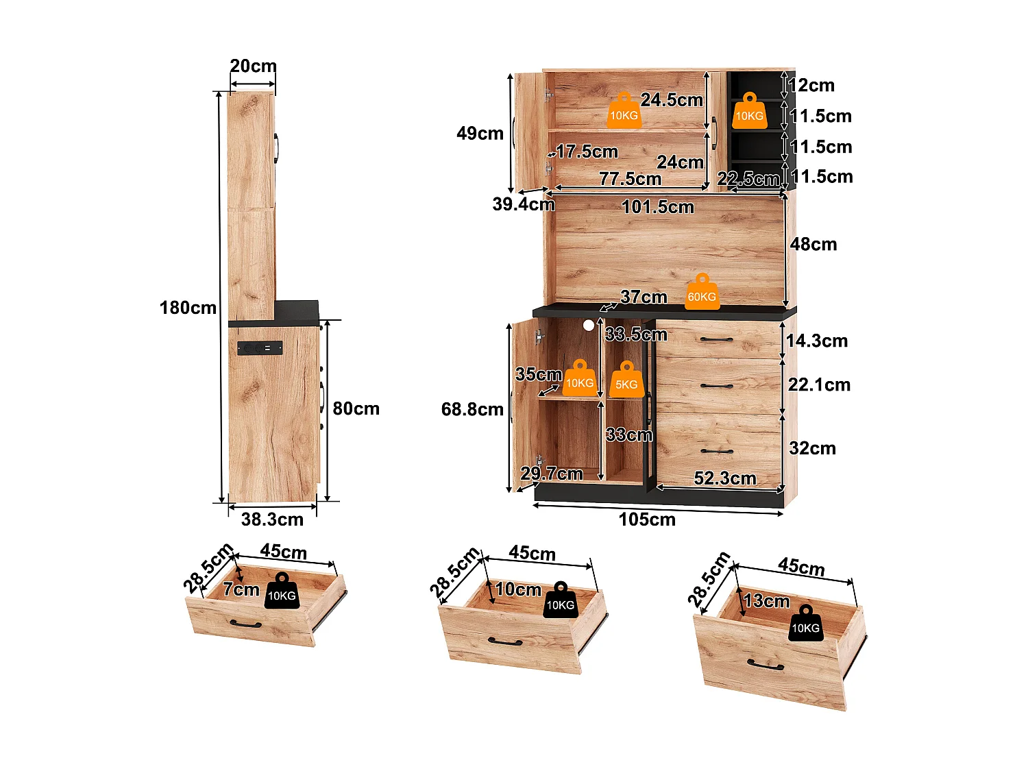 Nowoczesny kredens kuchenny 105x40x180cm - z gniazdkiem i LED - z 3 szufladami i 3 drzwiami - wygląd słojów drewna - Naturalny + Czarny