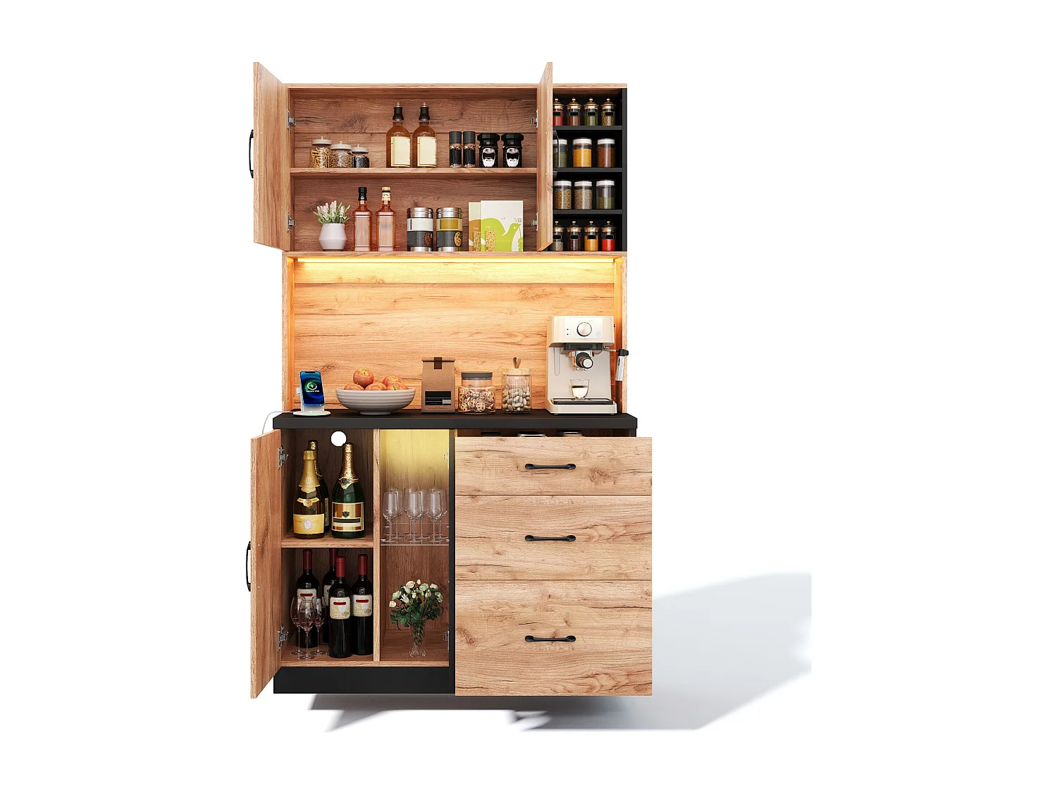 Nowoczesny kredens kuchenny 105x40x180cm - z gniazdkiem i LED - z 3 szufladami i 3 drzwiami - wygląd słojów drewna - Naturalny + Czarny