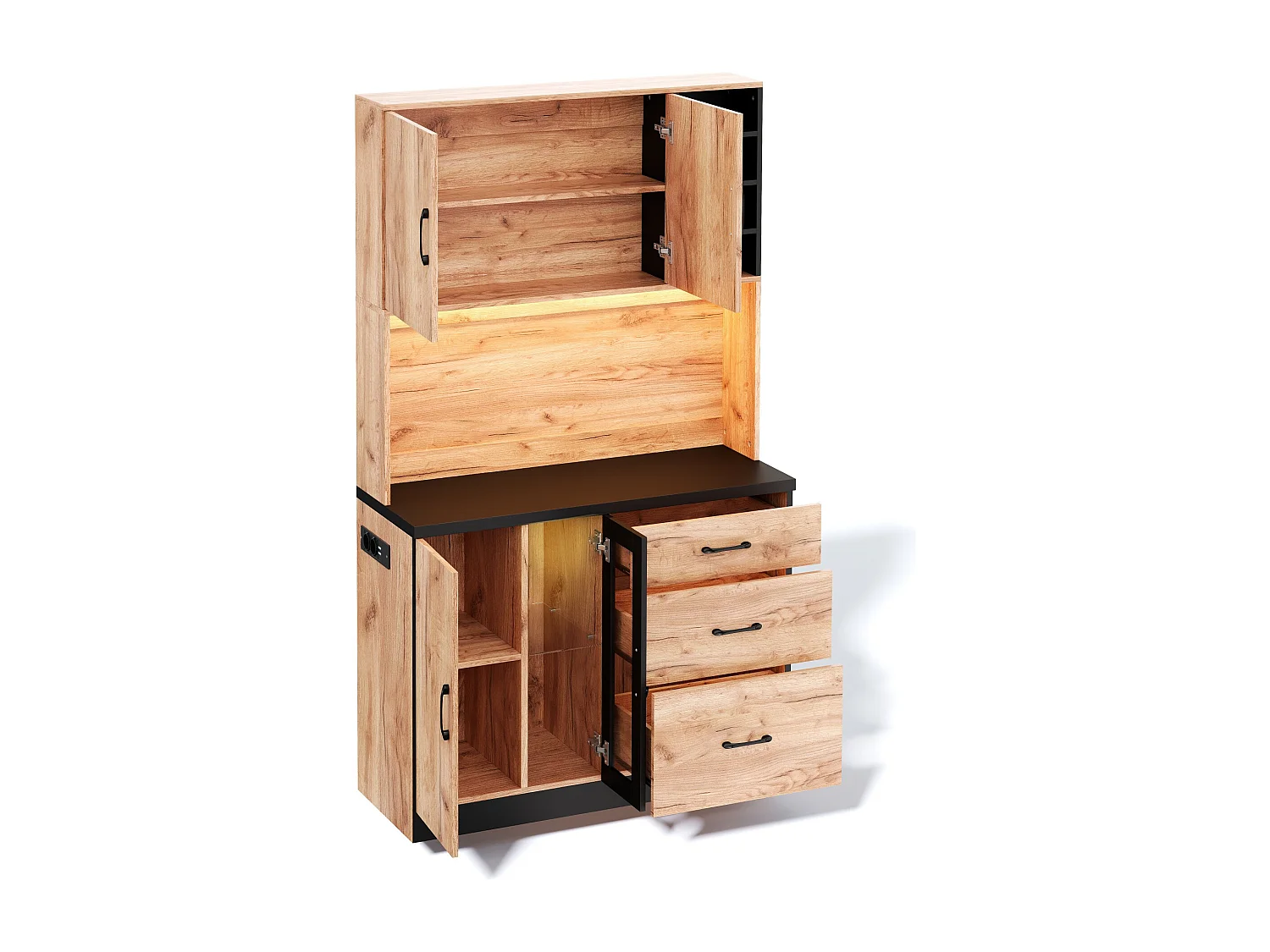 Nowoczesny kredens kuchenny 105x40x180cm - z gniazdkiem i LED - z 3 szufladami i 3 drzwiami - wygląd słojów drewna - Naturalny + Czarny