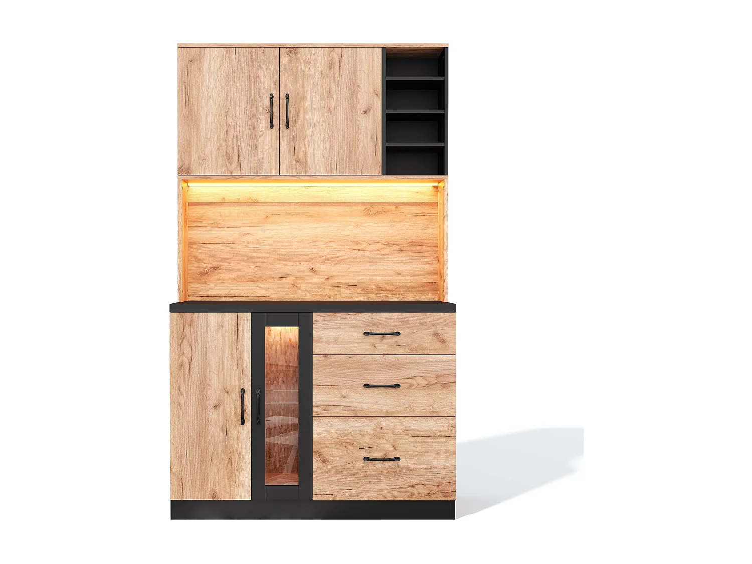 Nowoczesny kredens kuchenny 105x40x180cm - z gniazdkiem i LED - z 3 szufladami i 3 drzwiami - wygląd słojów drewna - Naturalny + Czarny