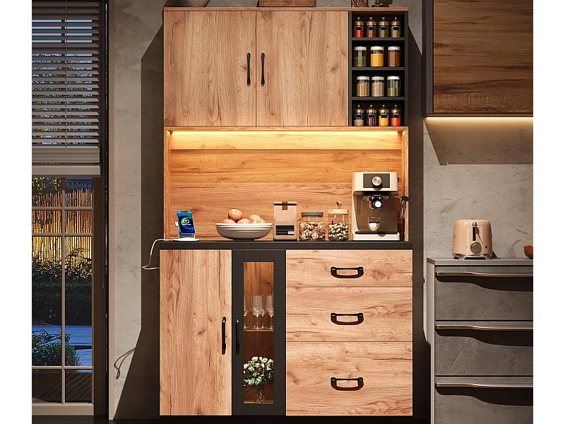 Nowoczesny kredens kuchenny 105x40x180cm - z gniazdkiem i LED - z 3 szufladami i 3 drzwiami - wygląd słojów drewna - Naturalny + Czarny