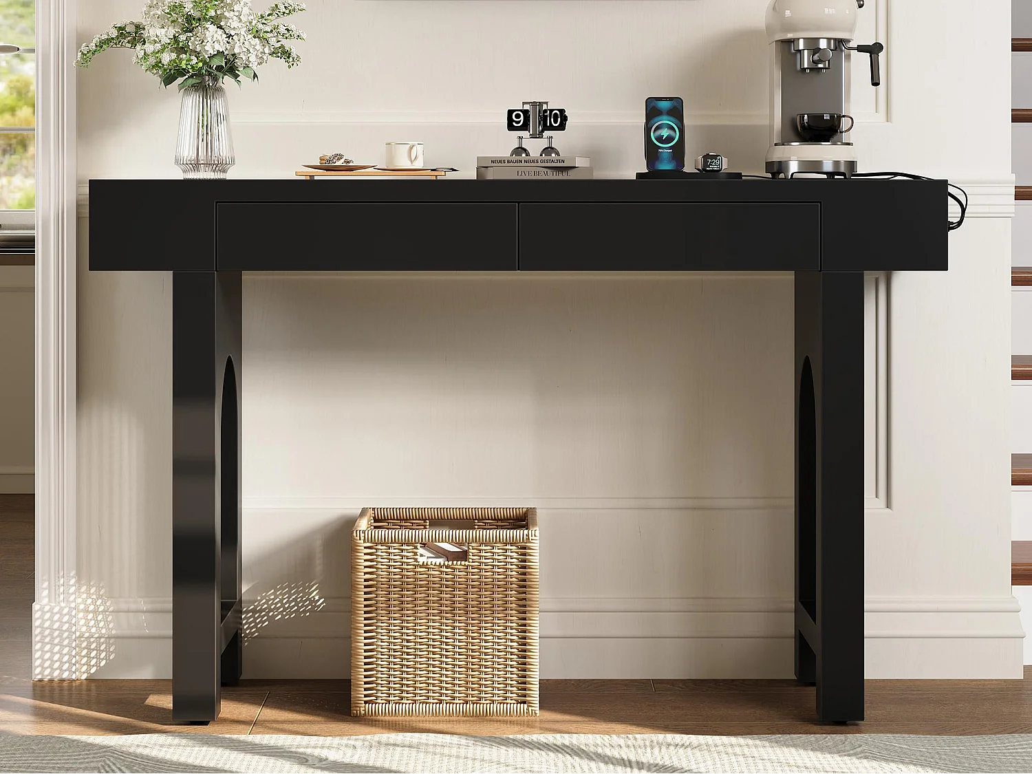 Table console 120x35.5x76..5cm - avec 2 tiroirs - avec prise de courant - MDF - Noir
