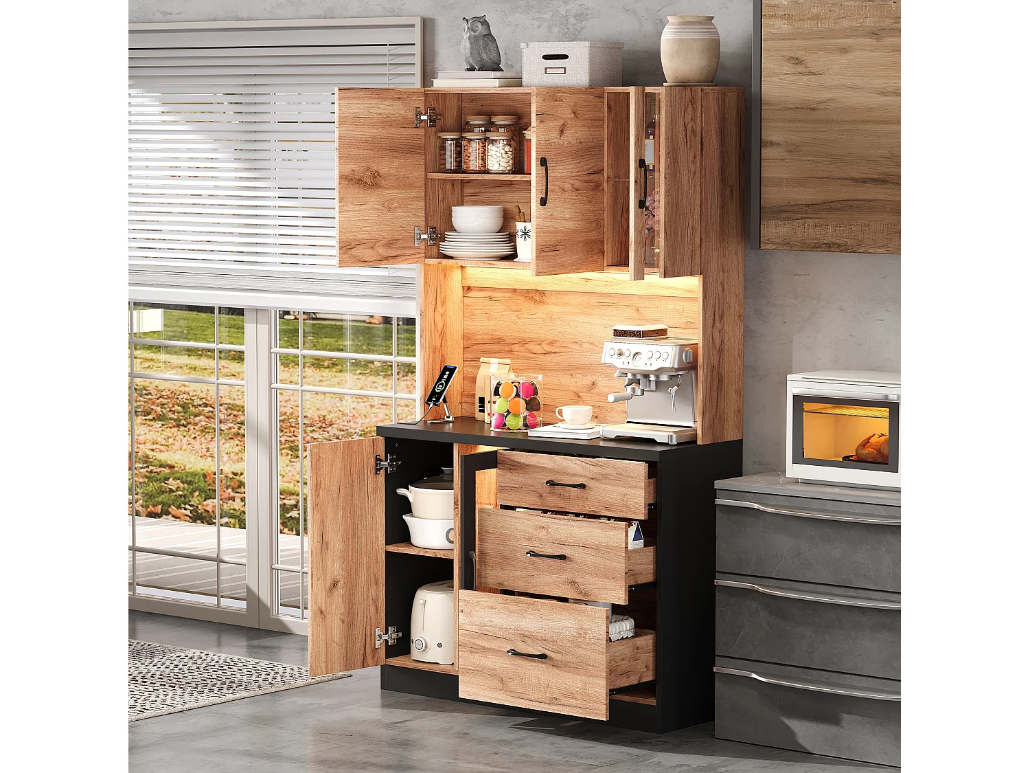 Nowoczesny kredens kuchenny 105x40x180cm - z gniazdkiem i LED - z 3 szufladami i 4 drzwiami - wygląd słojów drewna - Naturalny + Czarny