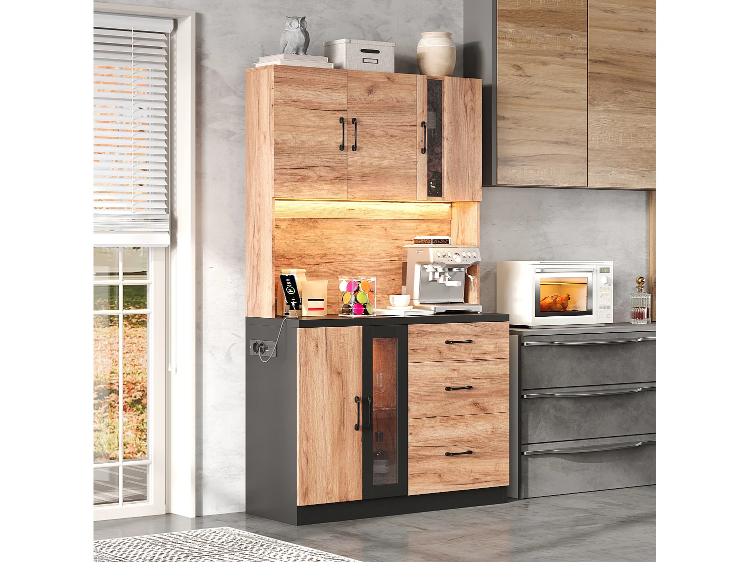 Nowoczesny kredens kuchenny 105x40x180cm - z gniazdkiem i LED - z 3 szufladami i 4 drzwiami - wygląd słojów drewna - Naturalny + Czarny