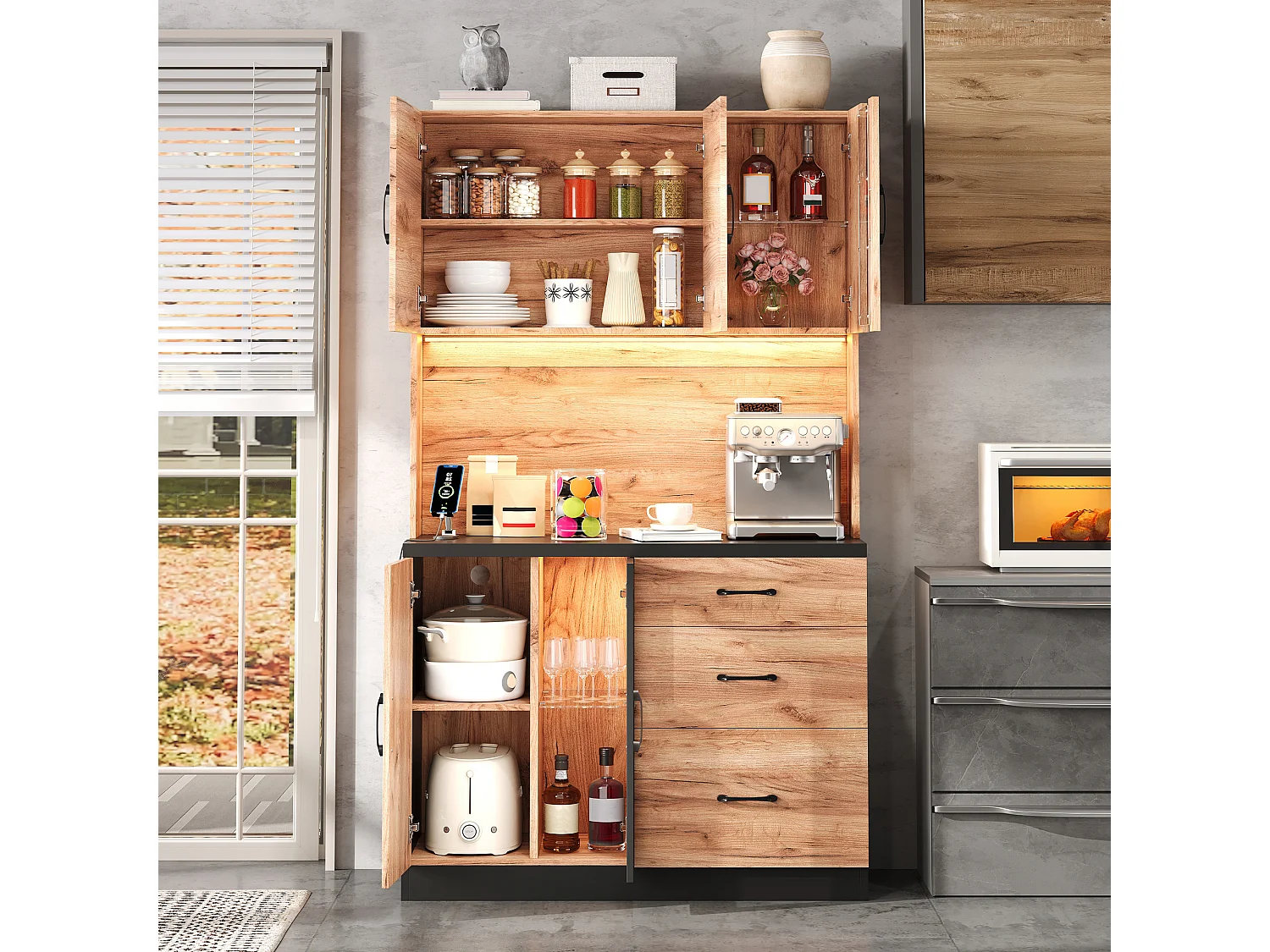 Nowoczesny kredens kuchenny 105x40x180cm - z gniazdkiem i LED - z 3 szufladami i 4 drzwiami - wygląd słojów drewna - Naturalny + Czarny