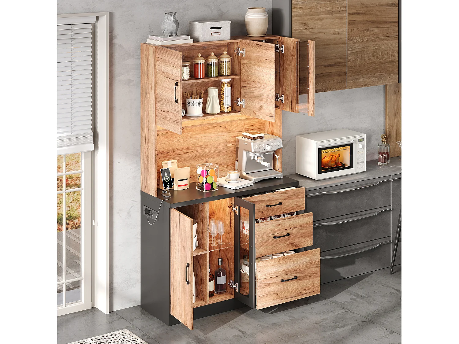 Nowoczesny kredens kuchenny 105x40x180cm - z gniazdkiem i LED - z 3 szufladami i 4 drzwiami - wygląd słojów drewna - Naturalny + Czarny