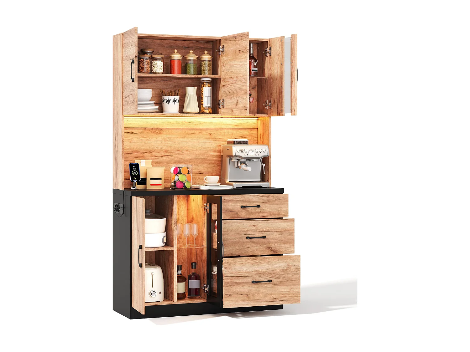 Nowoczesny kredens kuchenny 105x40x180cm - z gniazdkiem i LED - z 3 szufladami i 4 drzwiami - wygląd słojów drewna - Naturalny + Czarny