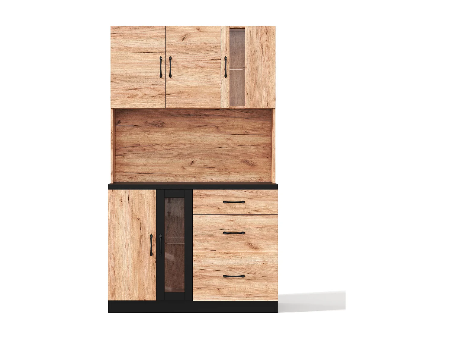 Nowoczesny kredens kuchenny 105x40x180cm - z gniazdkiem i LED - z 3 szufladami i 4 drzwiami - wygląd słojów drewna - Naturalny + Czarny