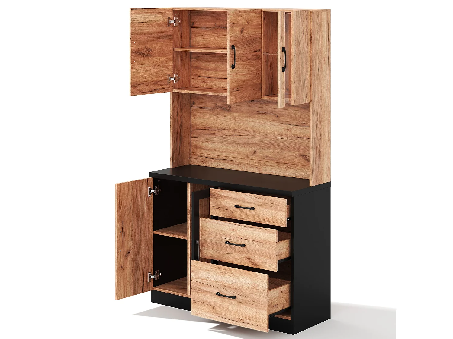 Nowoczesny kredens kuchenny 105x40x180cm - z gniazdkiem i LED - z 3 szufladami i 4 drzwiami - wygląd słojów drewna - Naturalny + Czarny