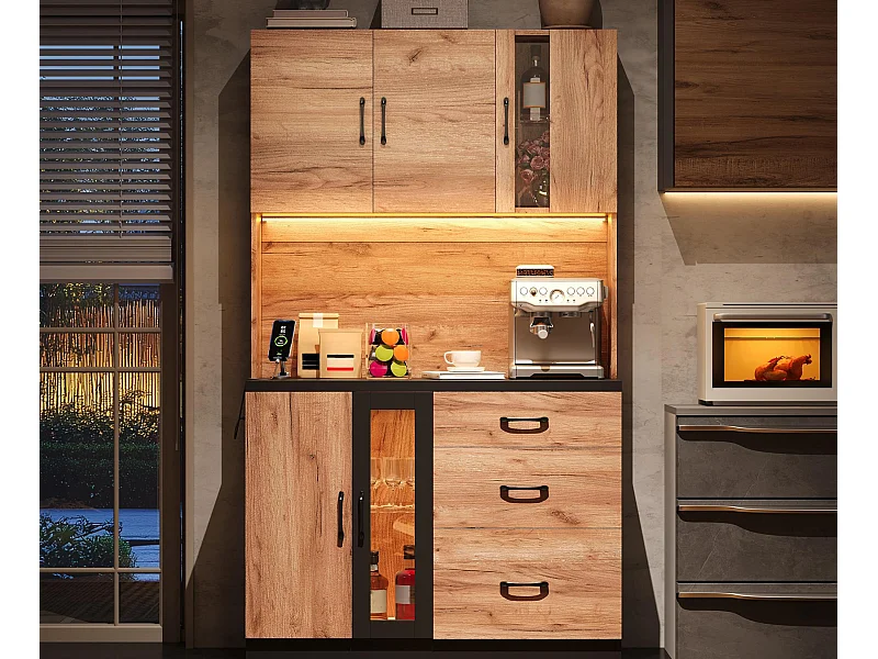 Nowoczesny kredens kuchenny 105x40x180cm - z gniazdkiem i LED - z 3 szufladami i 4 drzwiami - wygląd słojów drewna - Naturalny + Czarny