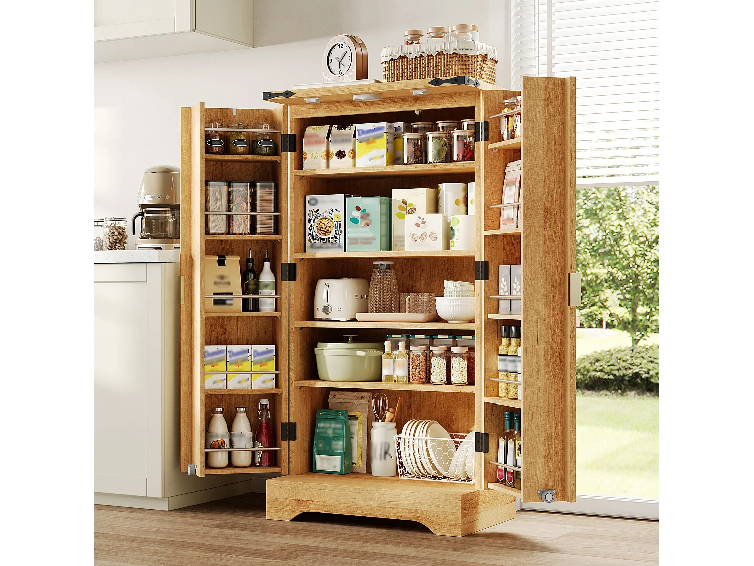 Nowoczesny kredens kuchenny 60,5x40x120cm - z oświetleniem LED z czujnikiem - z 2 drzwiami i półką na przyprawy - Naturalny