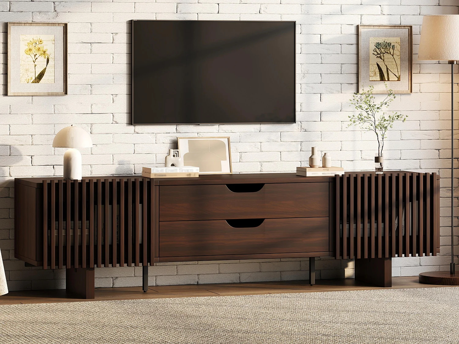 TV-Schrank 180x40x45 cm - mit 2 Schubladen und 2 Jalousientüren - MDF - Nussbaumfarbe