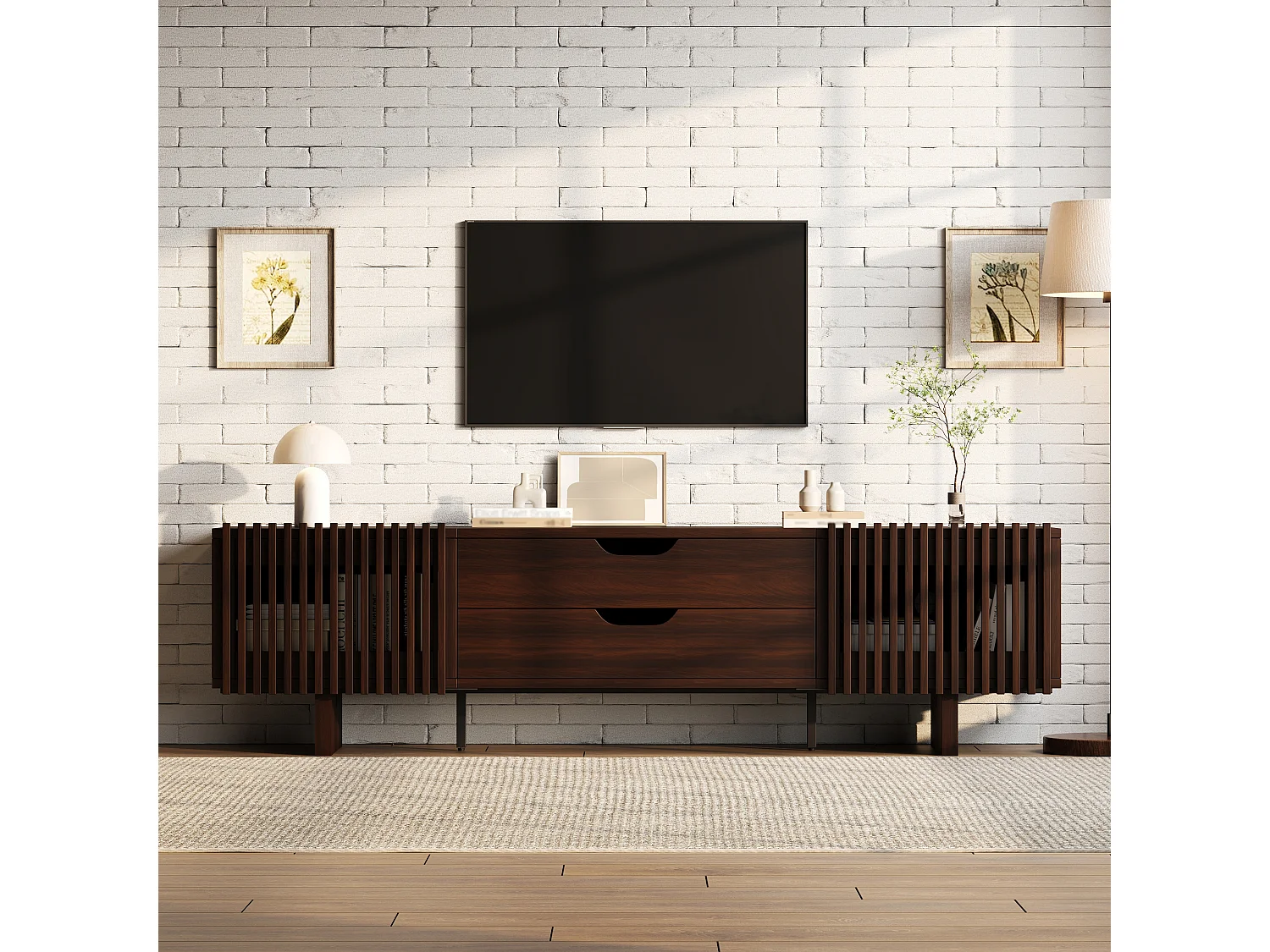 TV-Schrank 180x40x45 cm - mit 2 Schubladen und 2 Jalousientüren - MDF - Nussbaumfarbe