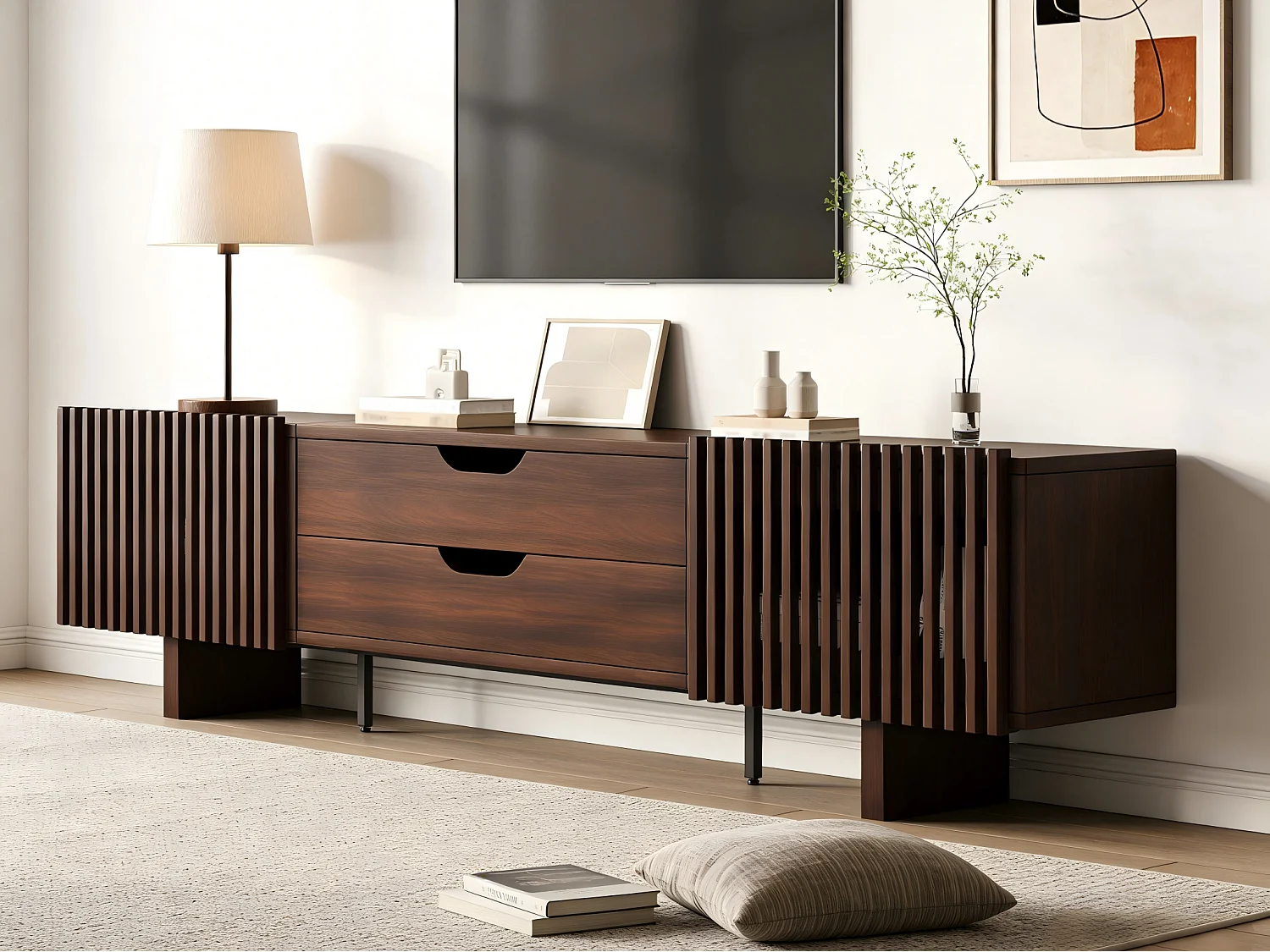 TV-Schrank 180x40x45 cm - mit 2 Schubladen und 2 Jalousientüren - MDF - Nussbaumfarbe