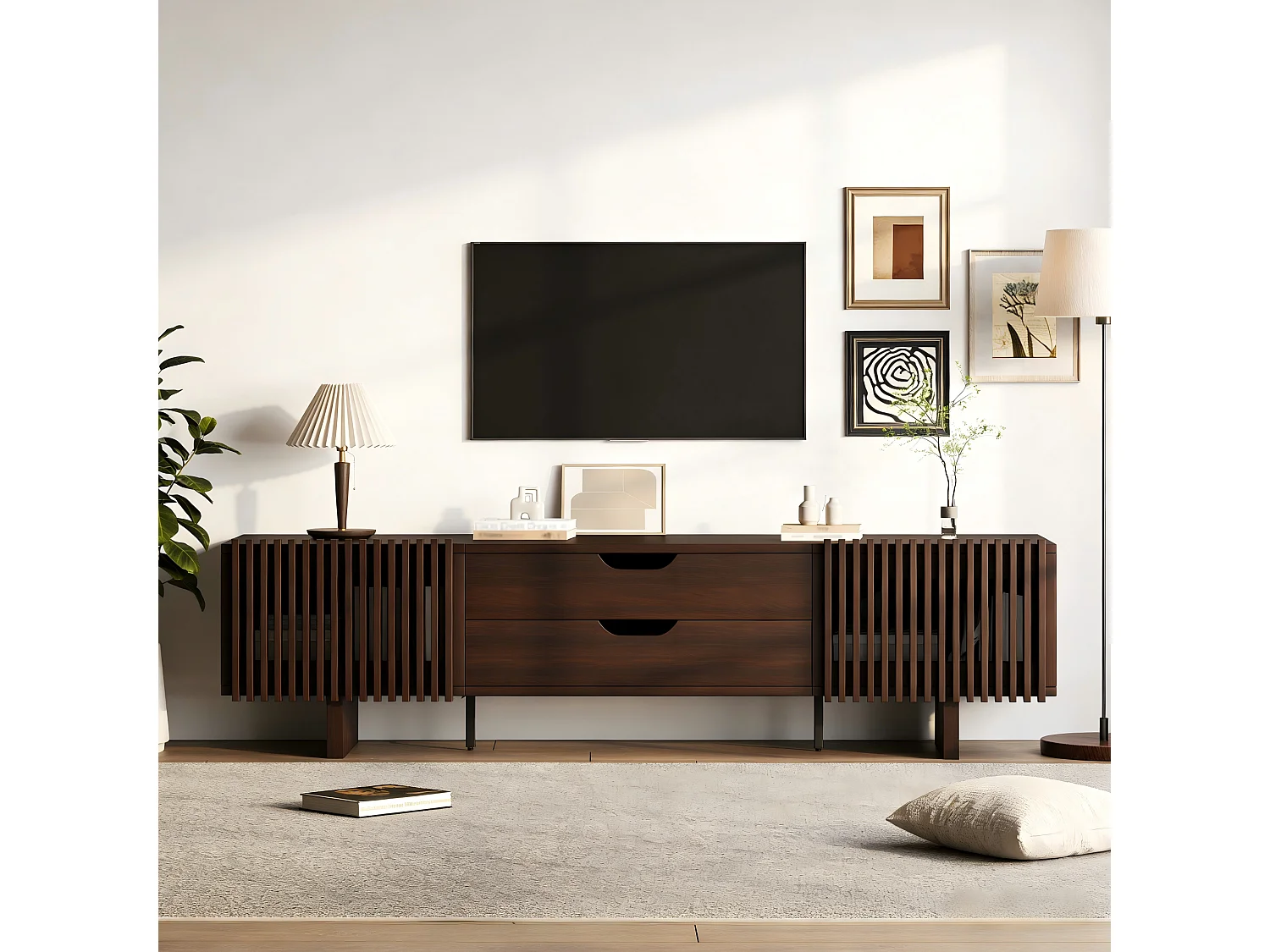 TV-Schrank 180x40x45 cm - mit 2 Schubladen und 2 Jalousientüren - MDF - Nussbaumfarbe