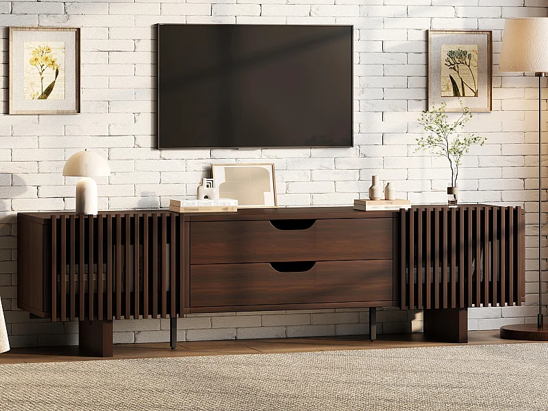 TV-Schrank 180x40x45 cm - mit 2 Schubladen und 2 Jalousientüren - MDF - Nussbaumfarbe