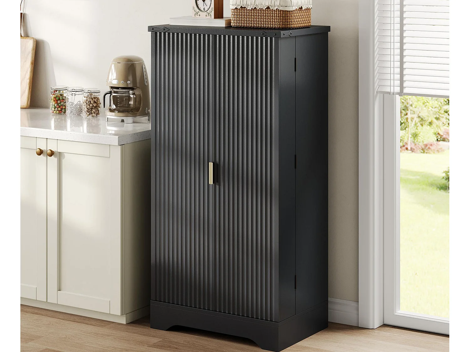 Nowoczesny kredens kuchenny 60,5x40x120cm - z oświetleniem LED z czujnikiem - z 2 drzwiami i półką na przyprawy - Czarny