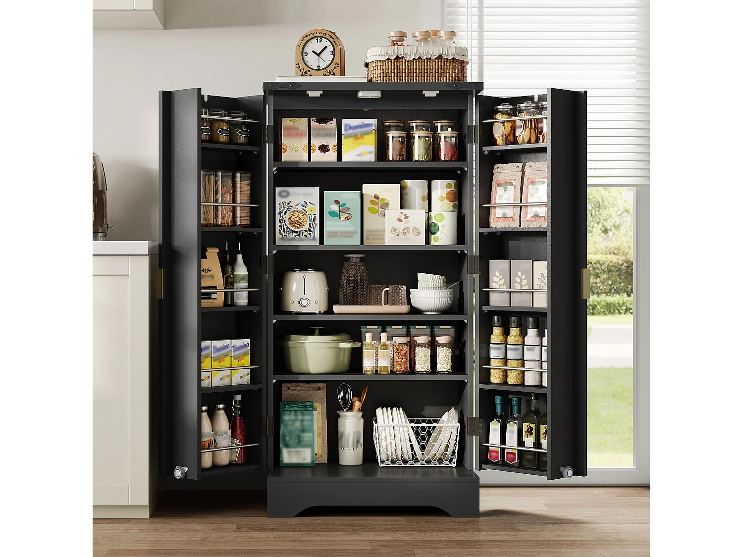 Nowoczesny kredens kuchenny 60,5x40x120cm - z oświetleniem LED z czujnikiem - z 2 drzwiami i półką na przyprawy - Czarny