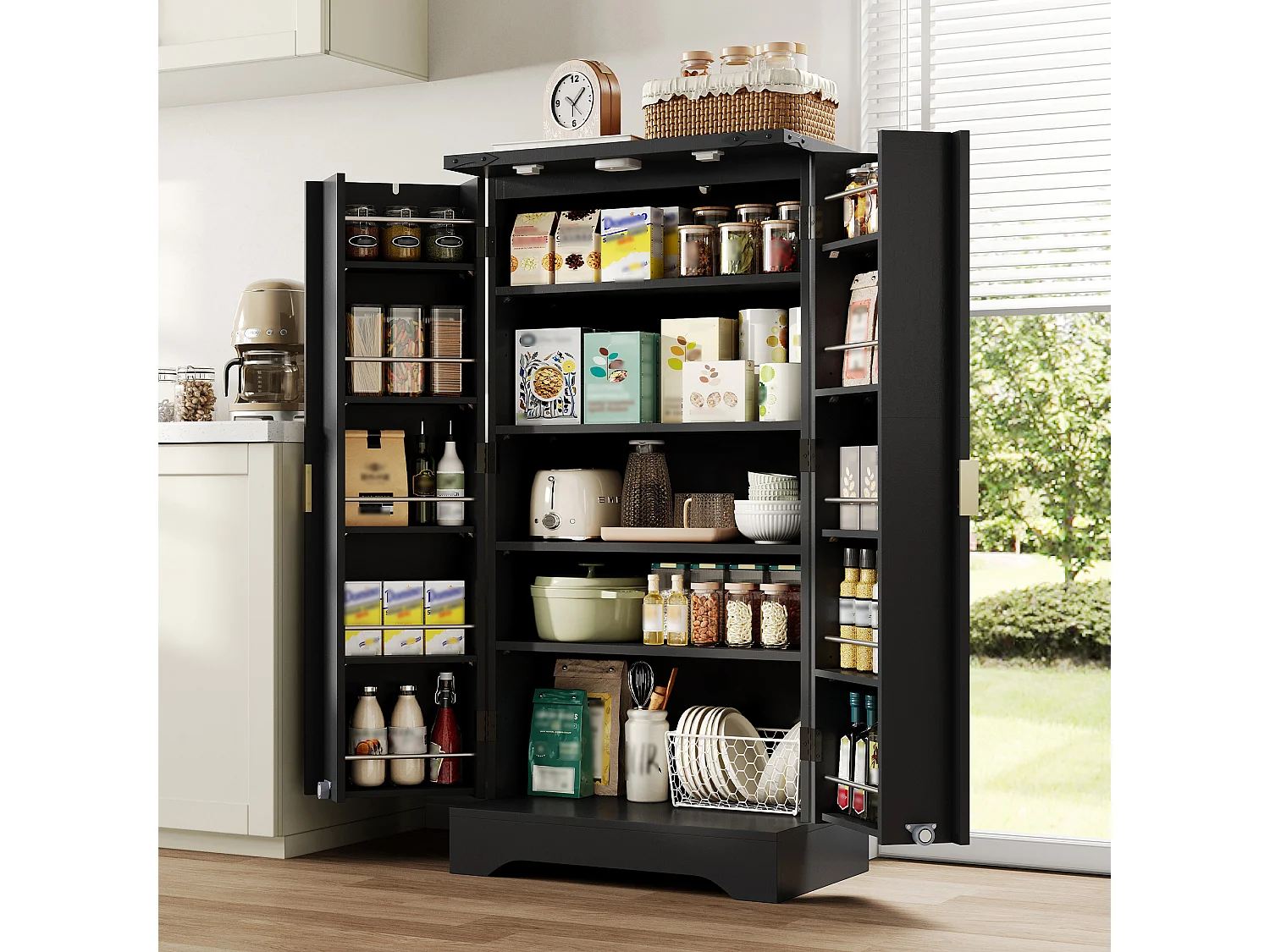 Nowoczesny kredens kuchenny 60,5x40x120cm - z oświetleniem LED z czujnikiem - z 2 drzwiami i półką na przyprawy - Czarny