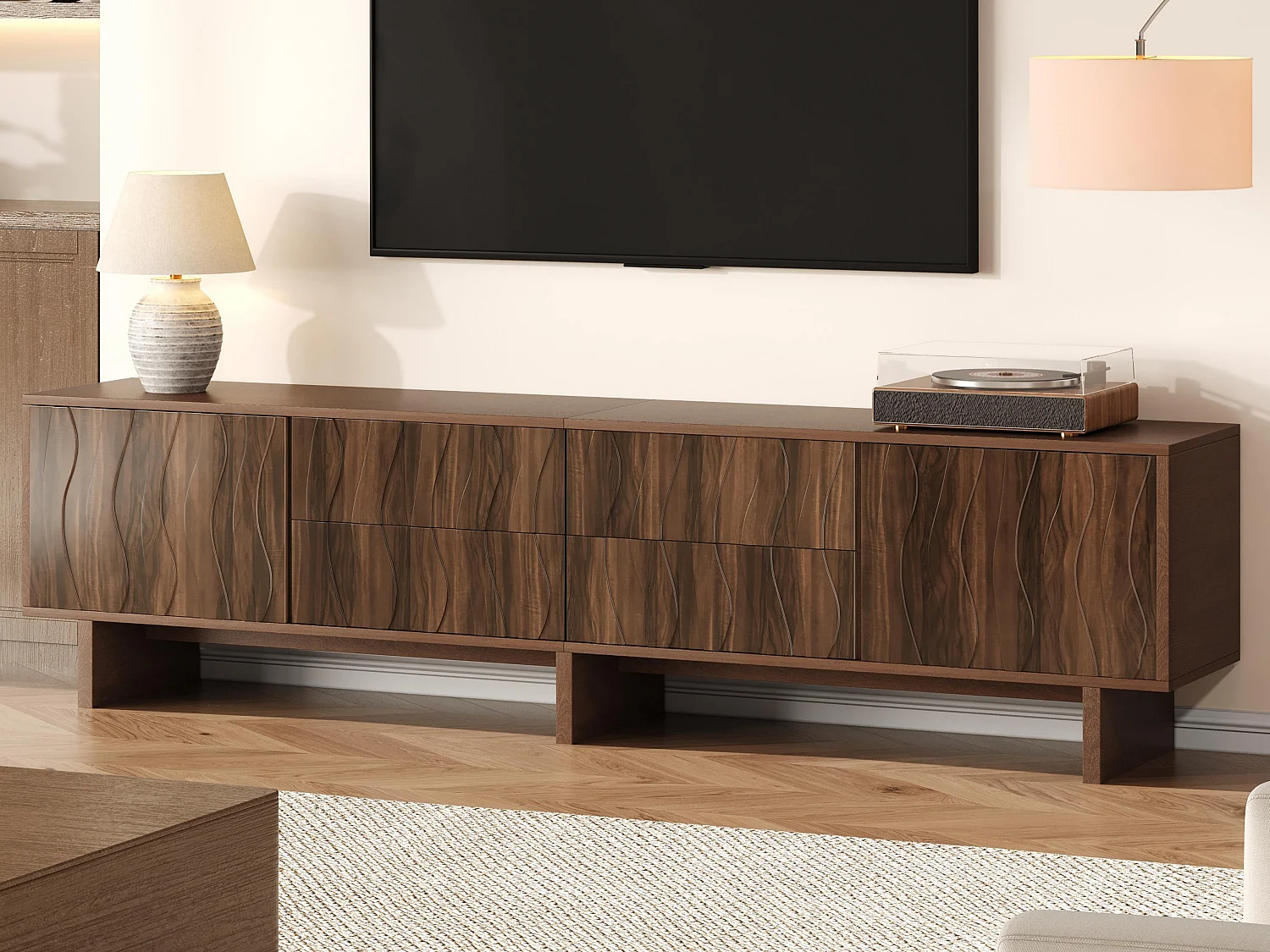 TV-Schrank 180x40x56 cm - 4 Schubladen und 2 Türen - wellenförmiges Design - Spanplatten - dunkle Nussbaumfarbe