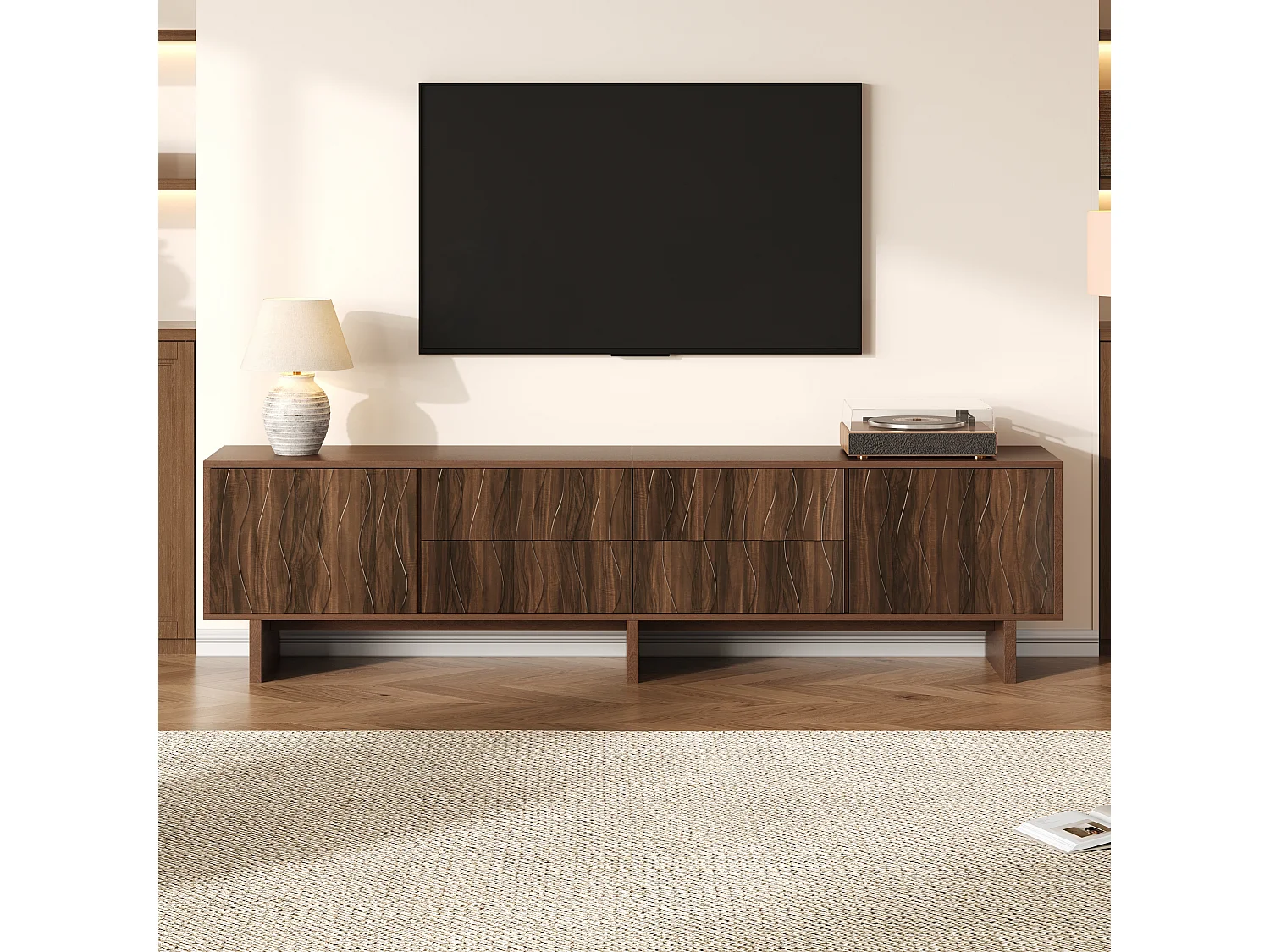 TV-Schrank 180x40x56 cm - 4 Schubladen und 2 Türen - wellenförmiges Design - Spanplatten - dunkle Nussbaumfarbe