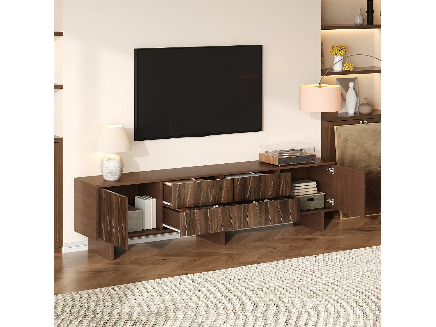 TV-Schrank 180x40x56 cm - 4 Schubladen und 2 Türen - wellenförmiges Design - Spanplatten - dunkle Nussbaumfarbe