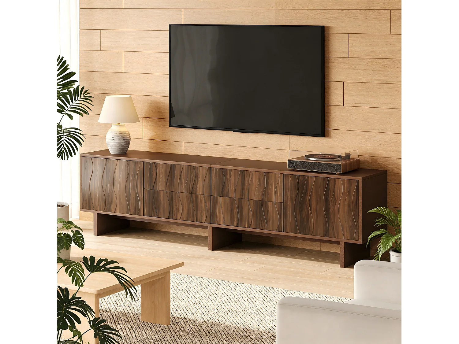 TV-Schrank 180x40x56 cm - 4 Schubladen und 2 Türen - wellenförmiges Design - Spanplatten - dunkle Nussbaumfarbe