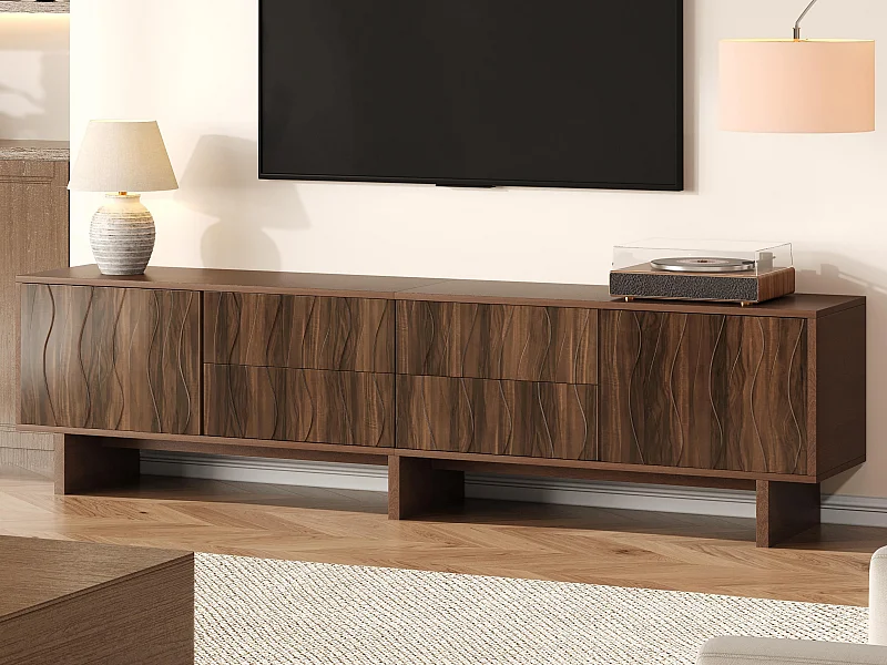 TV-Schrank 180x40x56 cm - 4 Schubladen und 2 Türen - wellenförmiges Design - Spanplatten - dunkle Nussbaumfarbe