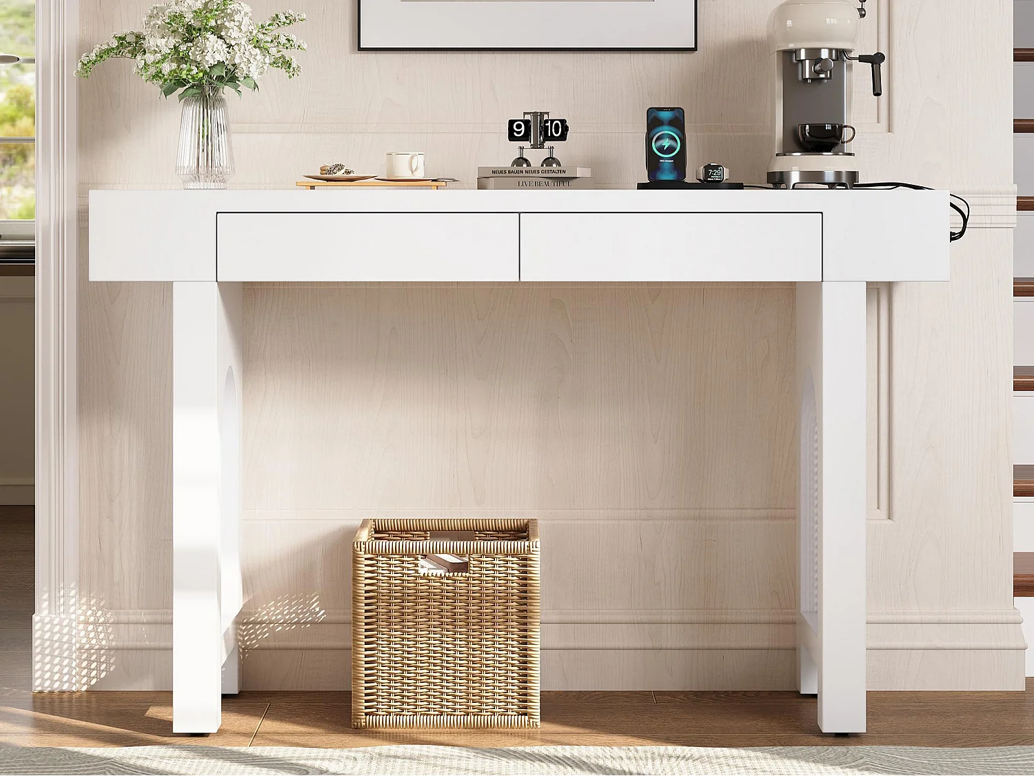 Table console 120x35.5x76..5cm - avec 2 tiroirs - avec prise de courant - MDF - Blanc