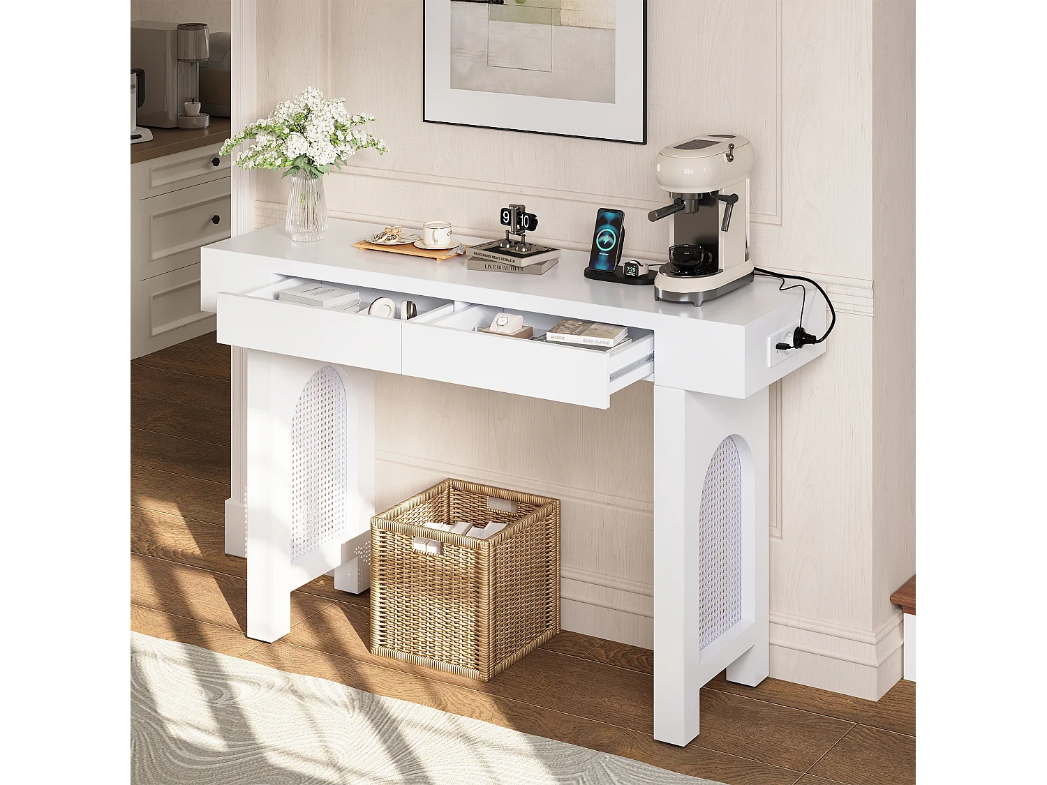 Table console 120x35.5x76..5cm - avec 2 tiroirs - avec prise de courant - MDF - Blanc