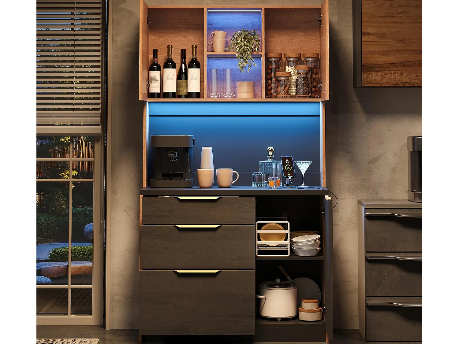 Nowoczesny kredens kuchenny 100x40x180cm - z gniazdkiem i LED - z 3 szufladami i 3 drzwiami - Naturalny + Czarny