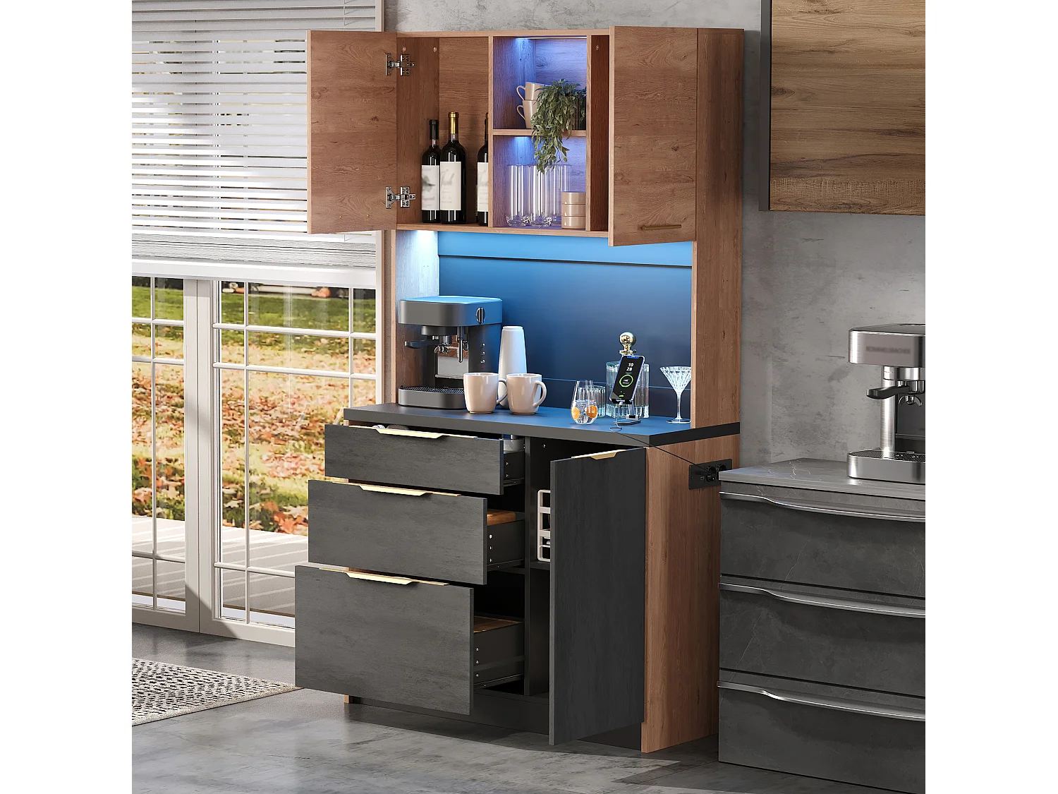 Nowoczesny kredens kuchenny 100x40x180cm - z gniazdkiem i LED - z 3 szufladami i 3 drzwiami - Naturalny + Czarny